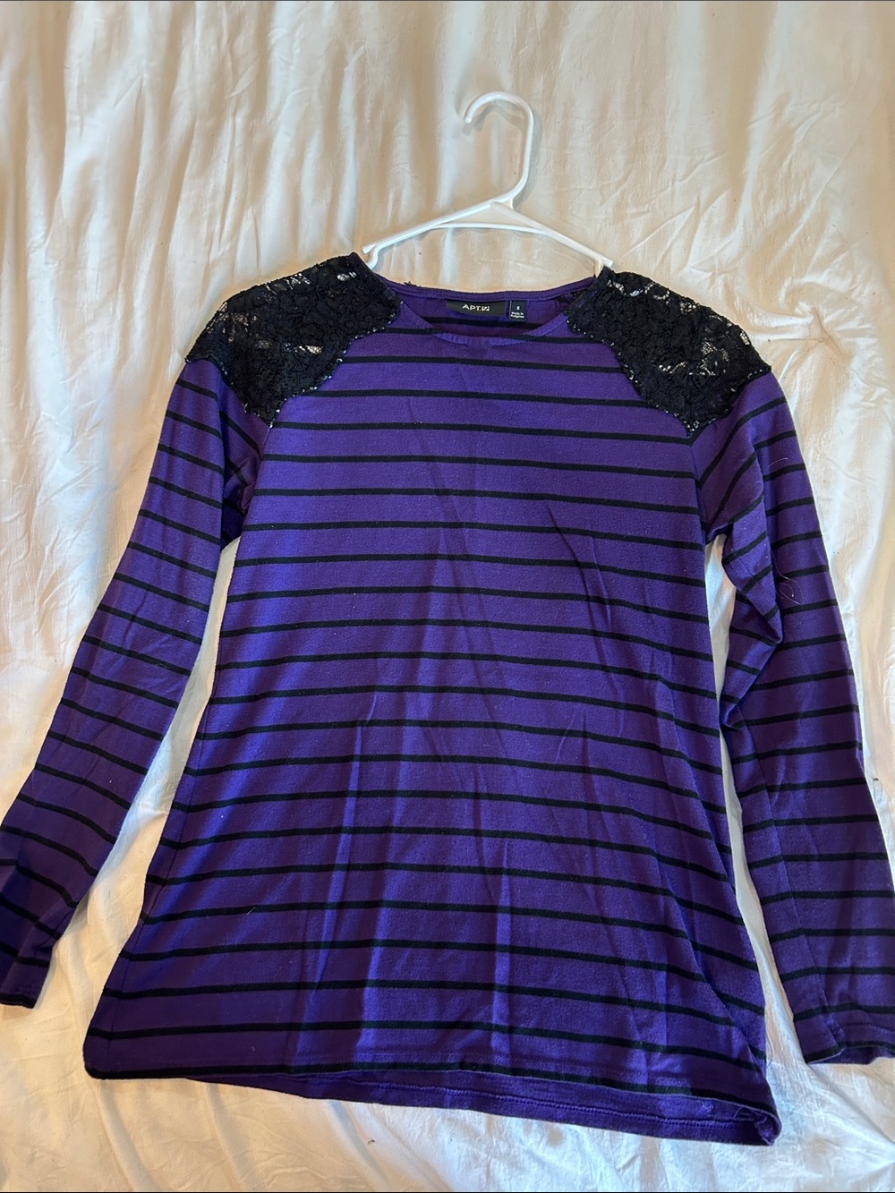 Apt. 9 Purple and Black Striped Long Sleeve Top with Lace Shoulders
